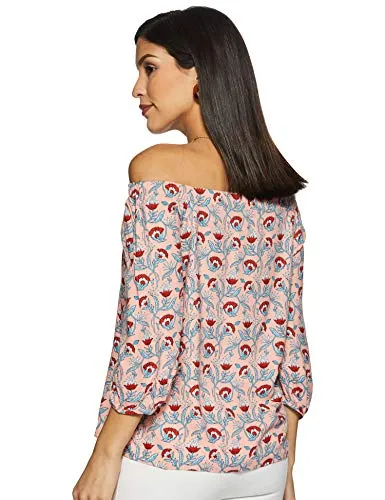 Allen Solly Women's Floral Regular Fit Top (AHTSCRGHY51992_Peach Print_Large)