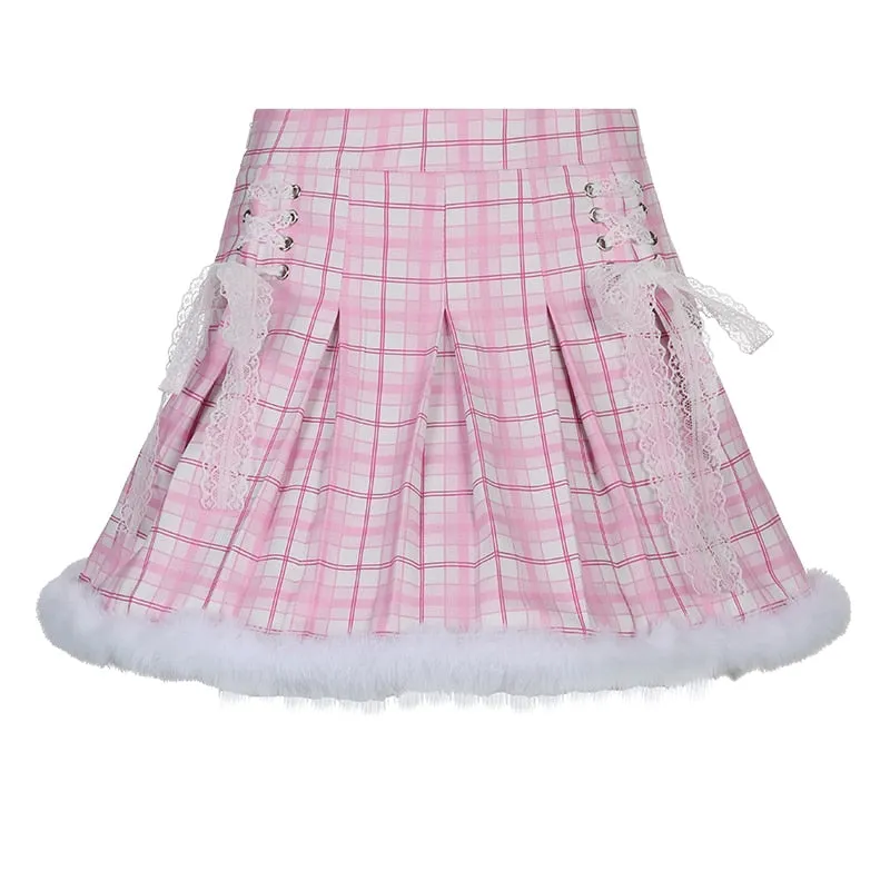 Amozae-  Y2K Plaid Print Pleated Skirt High-waisted Lace Up Feather Patchwork Kawaii A Line Short Skirts Pink Lolita Japanese