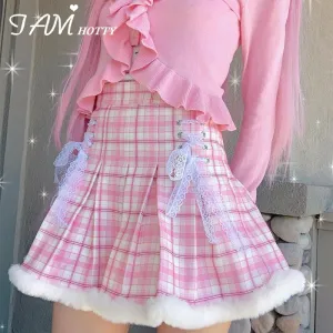 Amozae-  Y2K Plaid Print Pleated Skirt High-waisted Lace Up Feather Patchwork Kawaii A Line Short Skirts Pink Lolita Japanese