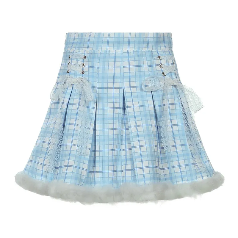 Amozae-  Y2K Plaid Print Pleated Skirt High-waisted Lace Up Feather Patchwork Kawaii A Line Short Skirts Pink Lolita Japanese