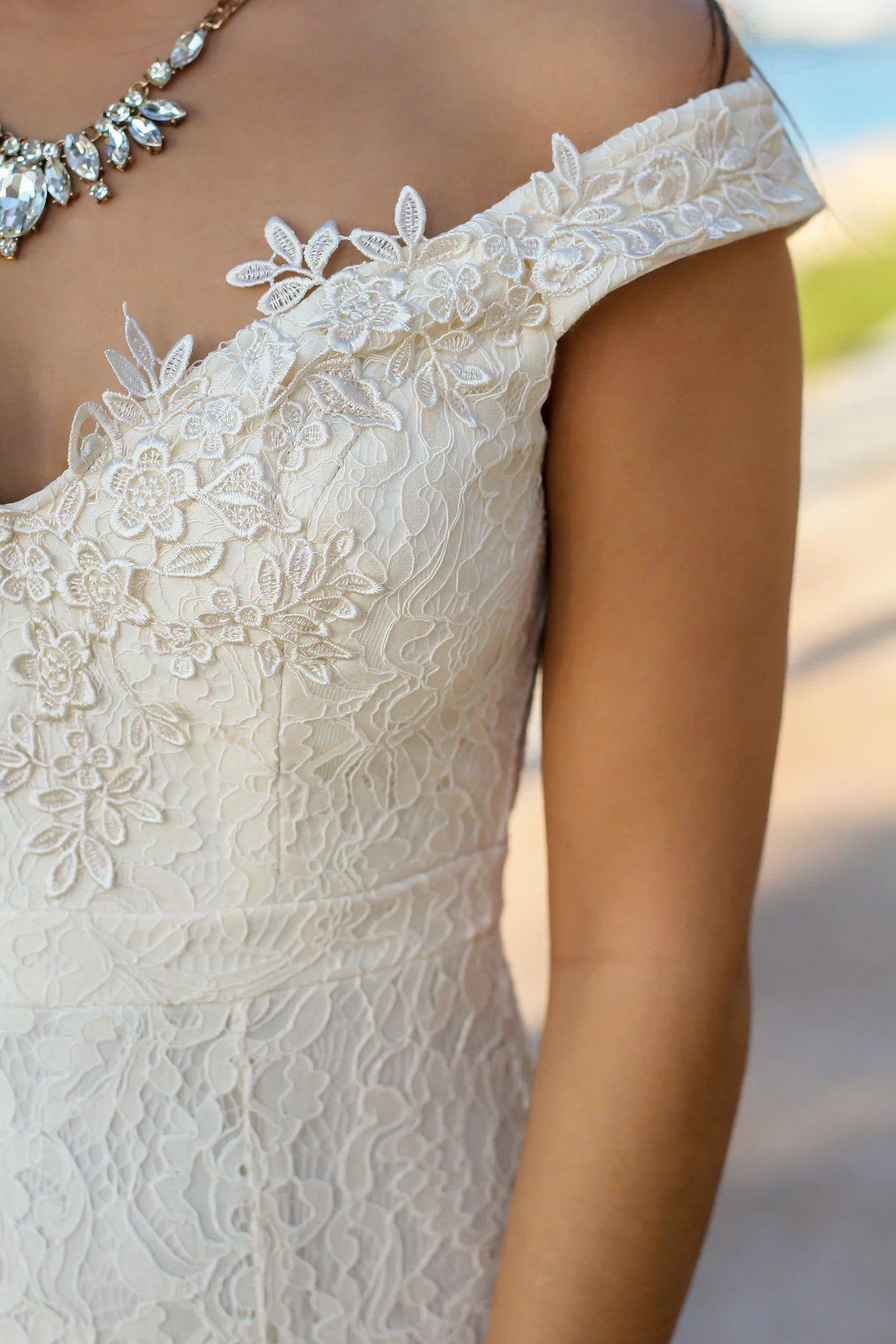 Beige Lace Off Shoulder Maxi Dress