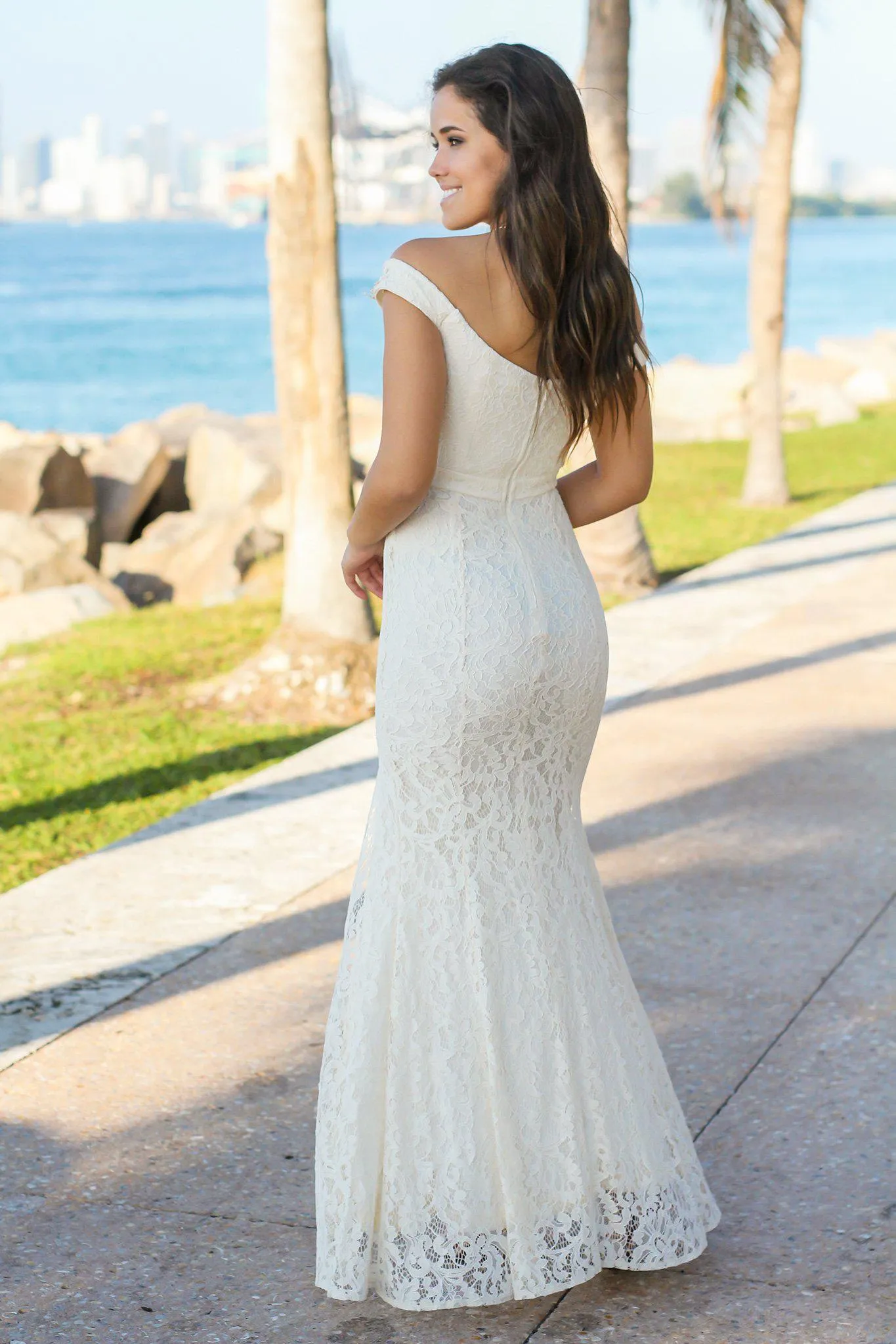 Beige Lace Off Shoulder Maxi Dress