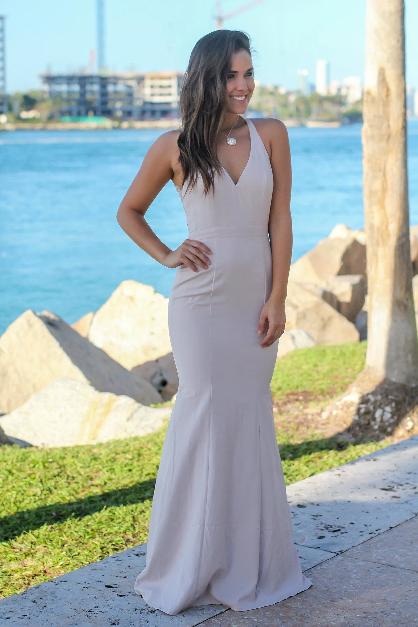 Beige Maxi Dress with Lace Back