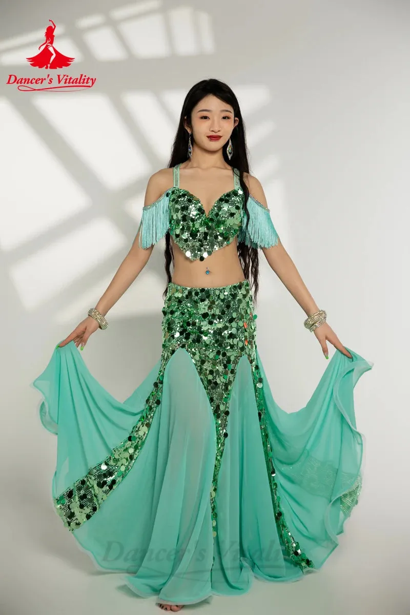 Belly Dance Performance Costumes for Women Big Sequins Bra Top long Skirt 2pcs Oriental Belly Dance Competiton Weat Clothing