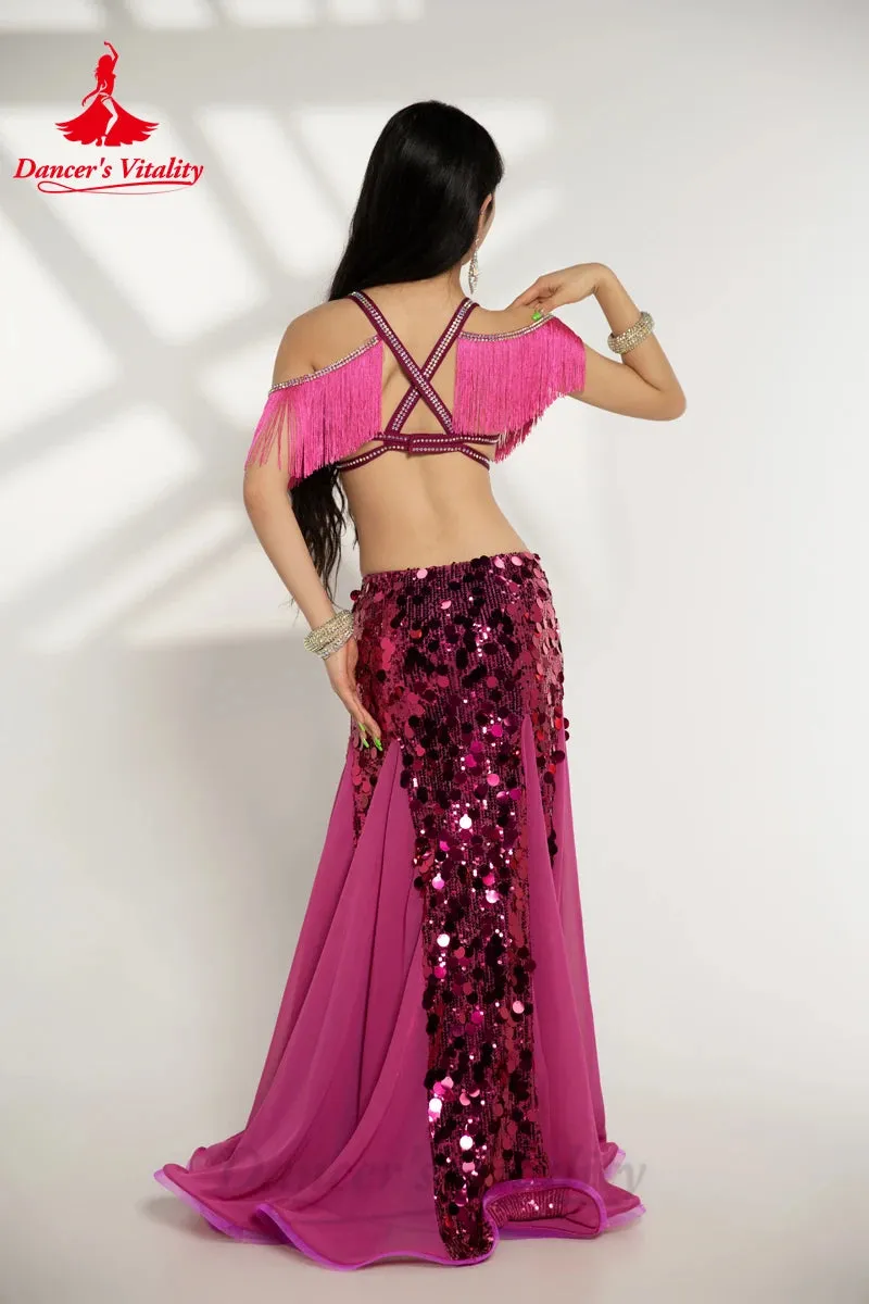 Belly Dance Performance Costumes for Women Big Sequins Bra Top long Skirt 2pcs Oriental Belly Dance Competiton Weat Clothing