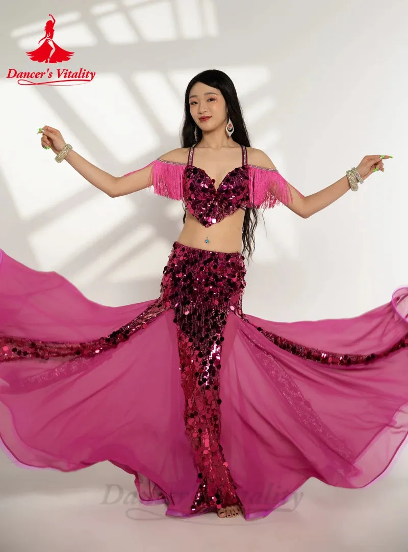 Belly Dance Performance Costumes for Women Big Sequins Bra Top long Skirt 2pcs Oriental Belly Dance Competiton Weat Clothing