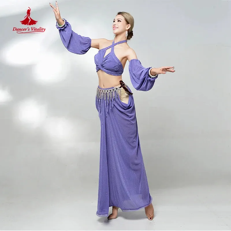 Belly Dance Performance Suit for Women Oriental Sleeveless Top gloves skirt 4pcs Girl's Belly Dancing Professional Clothing Set