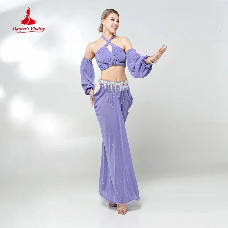 Belly Dance Performance Suit for Women Oriental Sleeveless Top gloves skirt 4pcs Girl's Belly Dancing Professional Clothing Set