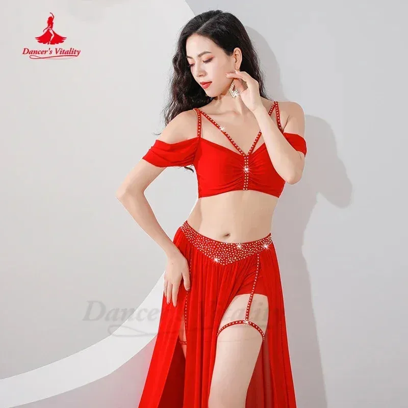 Belly Dance Professional Suit for Women Mesh Short Sleeves Top sexy Split Long Skirt 2pcs Girl's Oriental Belly Dancing Suit