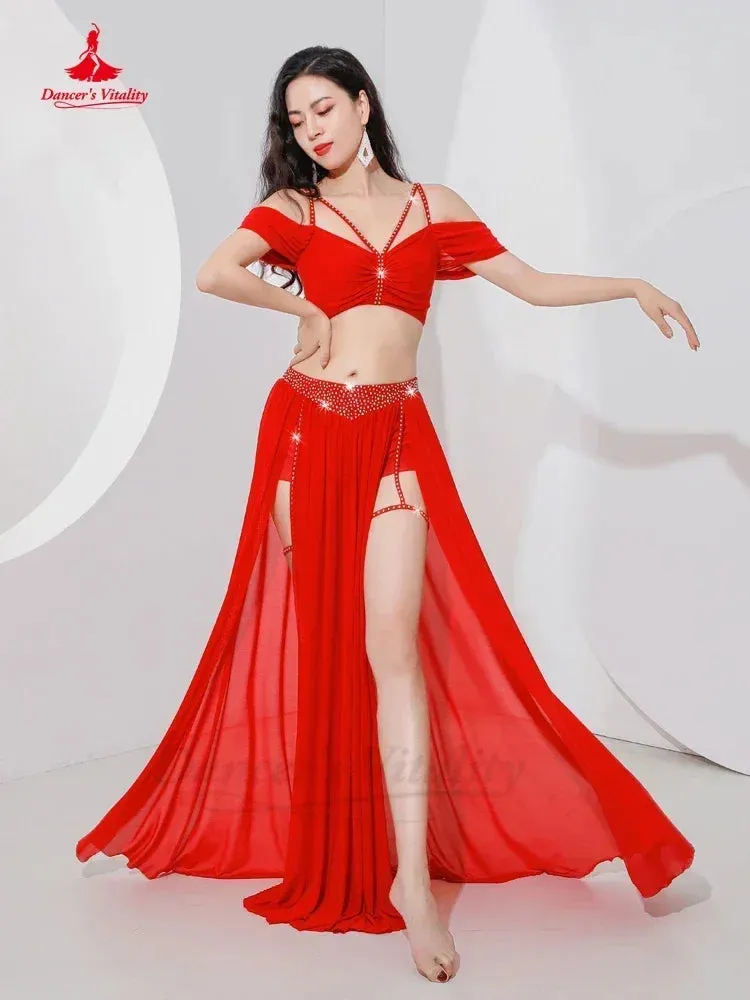 Belly Dance Professional Suit for Women Mesh Short Sleeves Top sexy Split Long Skirt 2pcs Girl's Oriental Belly Dancing Suit