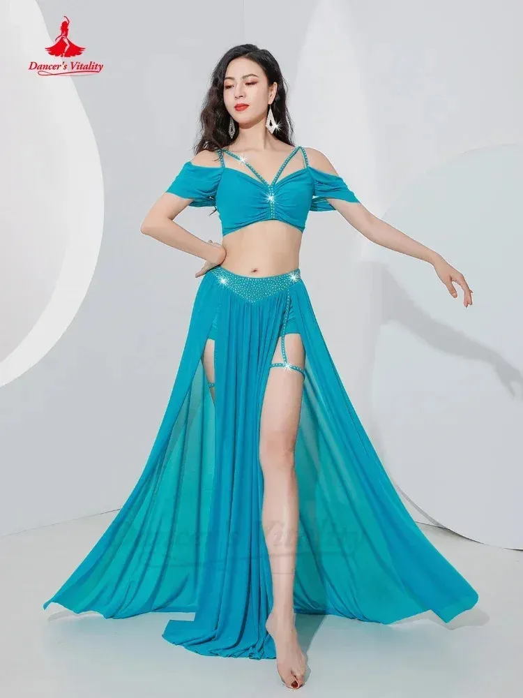 Belly Dance Professional Suit for Women Mesh Short Sleeves Top sexy Split Long Skirt 2pcs Girl's Oriental Belly Dancing Suit