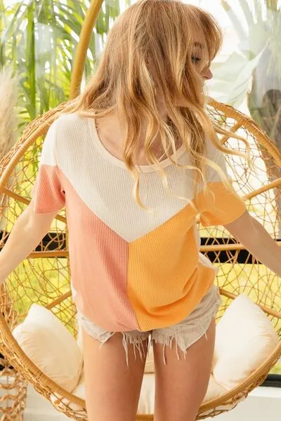 BiBi Round Neck Color Block Short Sleeve T-Shirt