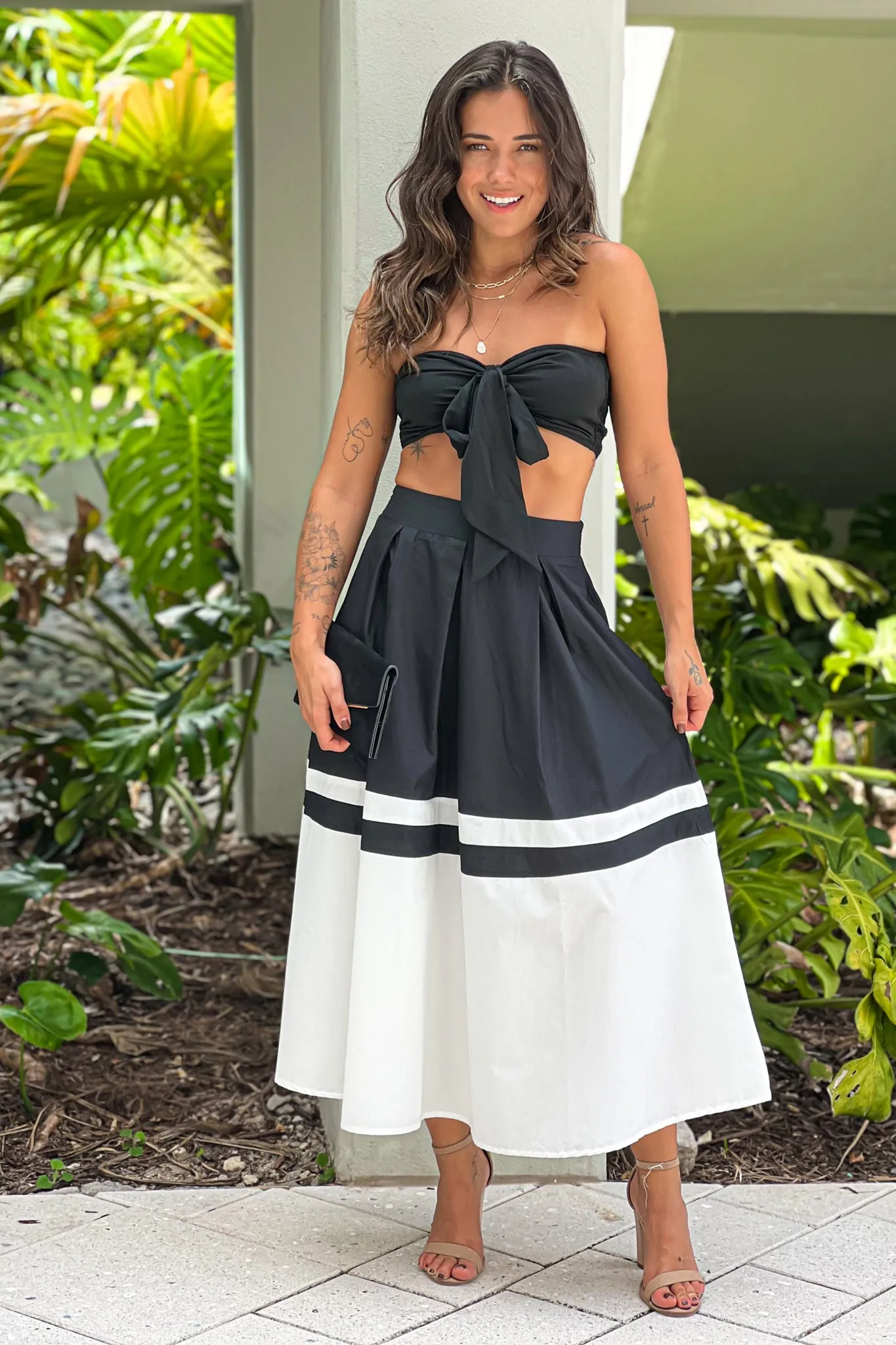 Black And White Midi Skirt And Top Set