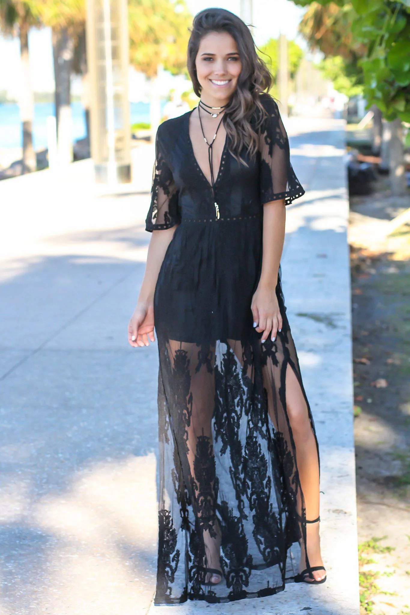 Black V-Neck Lace Maxi Romper