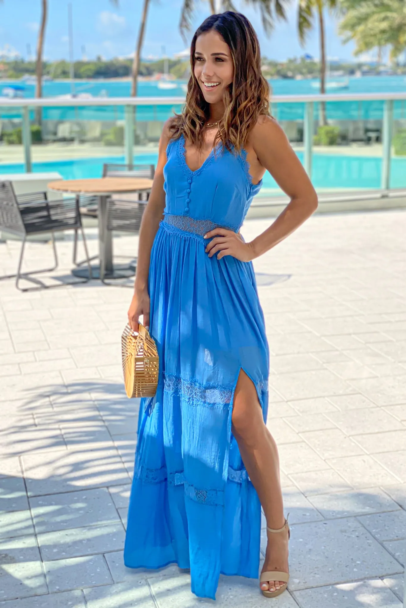 Blue Maxi Dress With Lace Trim And Slit