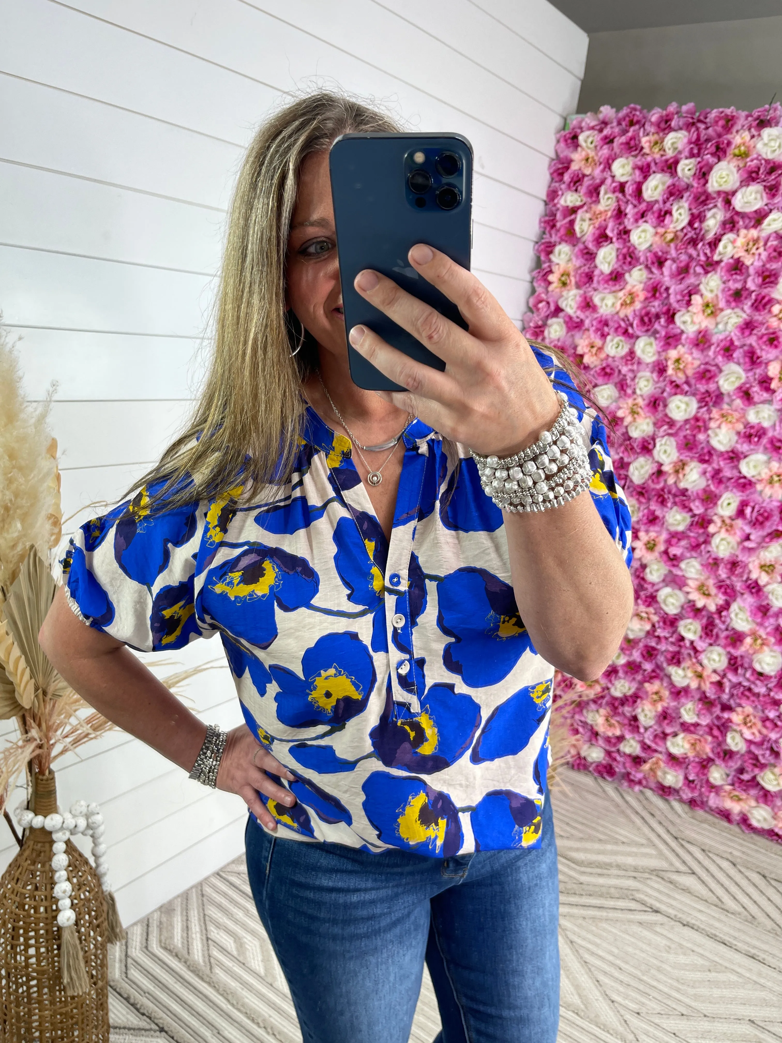 BLUE/YELLOW FLORAL V NECK BUTTON TOP