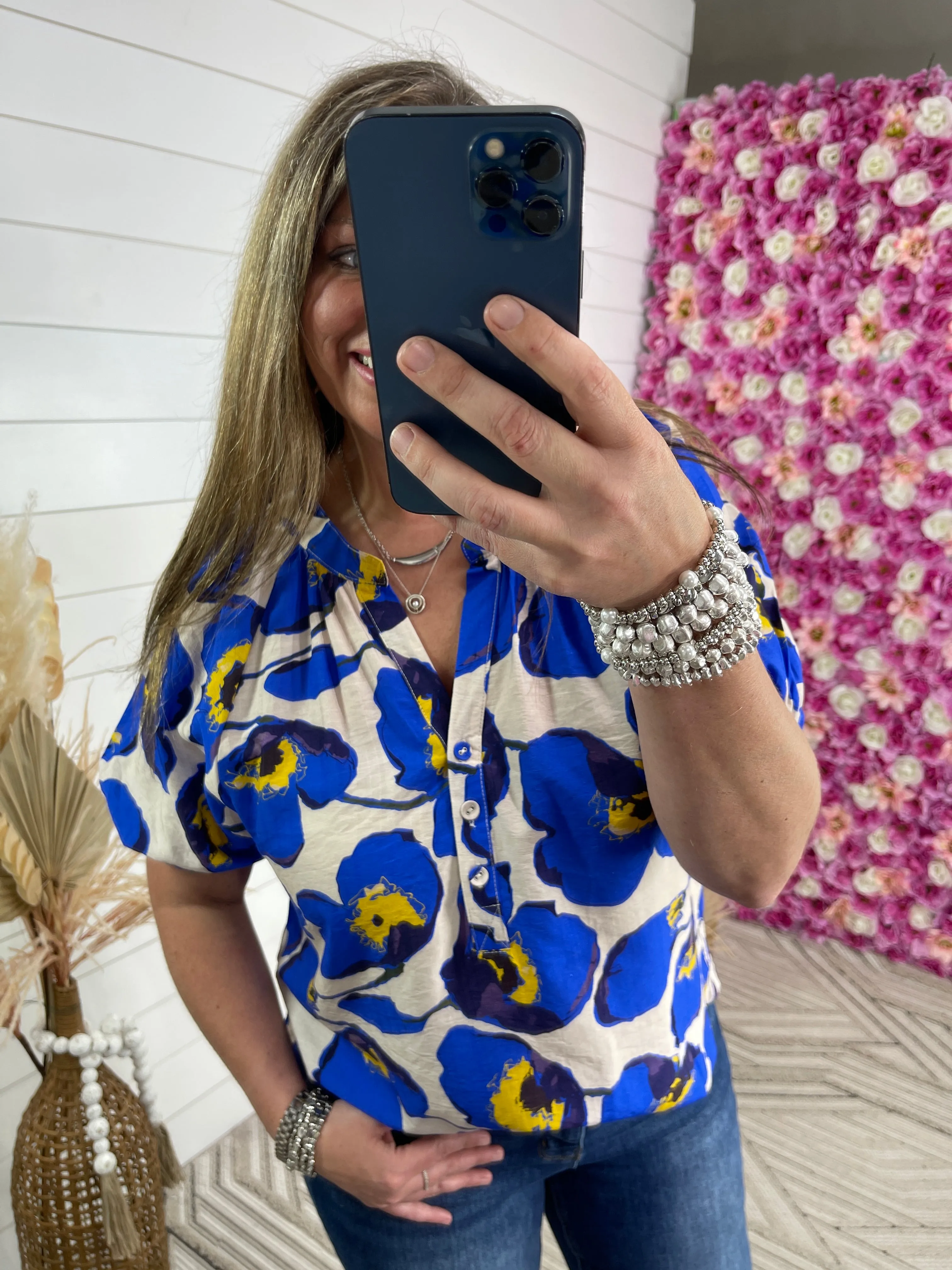 BLUE/YELLOW FLORAL V NECK BUTTON TOP