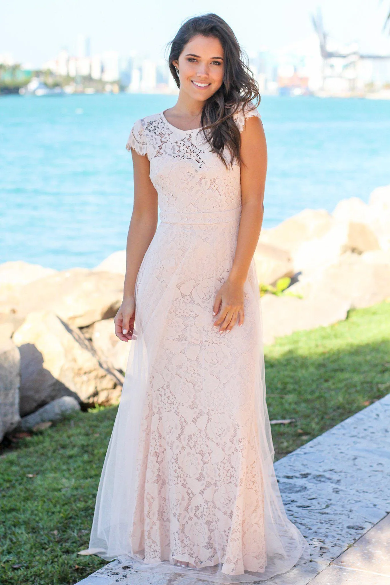 Blush Lace Maxi Dress with Open Back and Tulle Detail