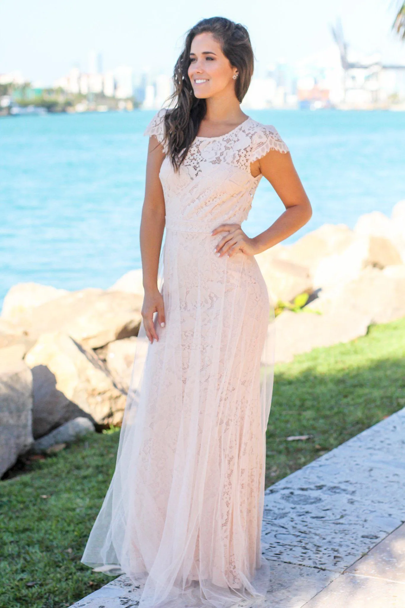 Blush Lace Maxi Dress with Open Back and Tulle Detail