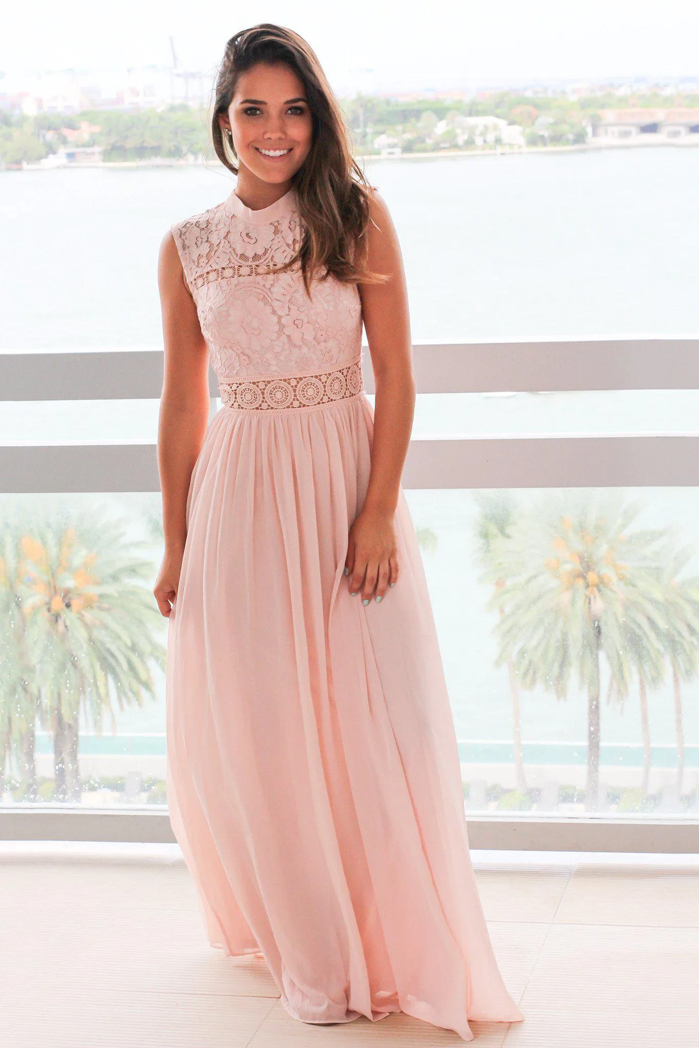 Blush Lace Mock Neck Maxi Dress