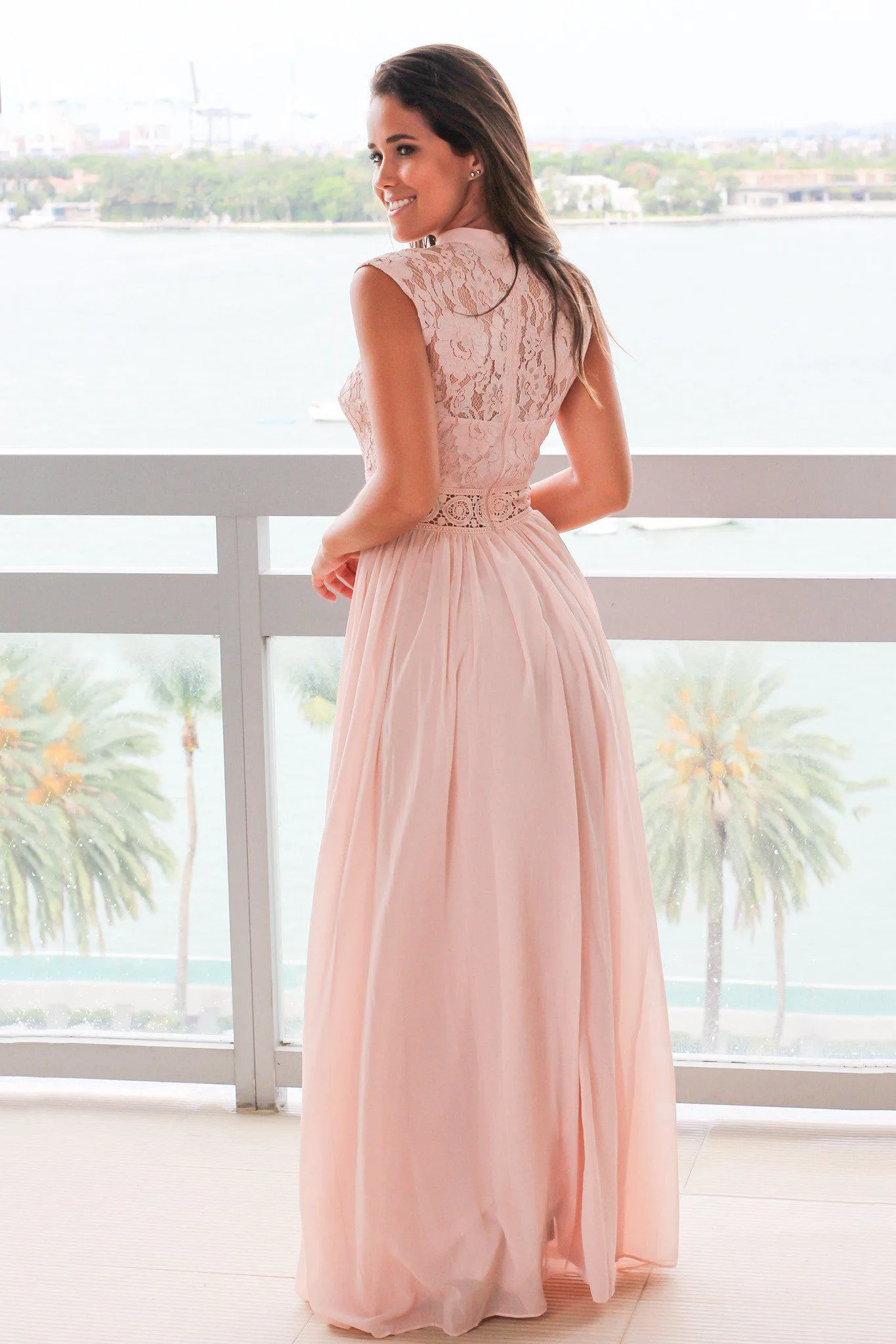 Blush Lace Mock Neck Maxi Dress