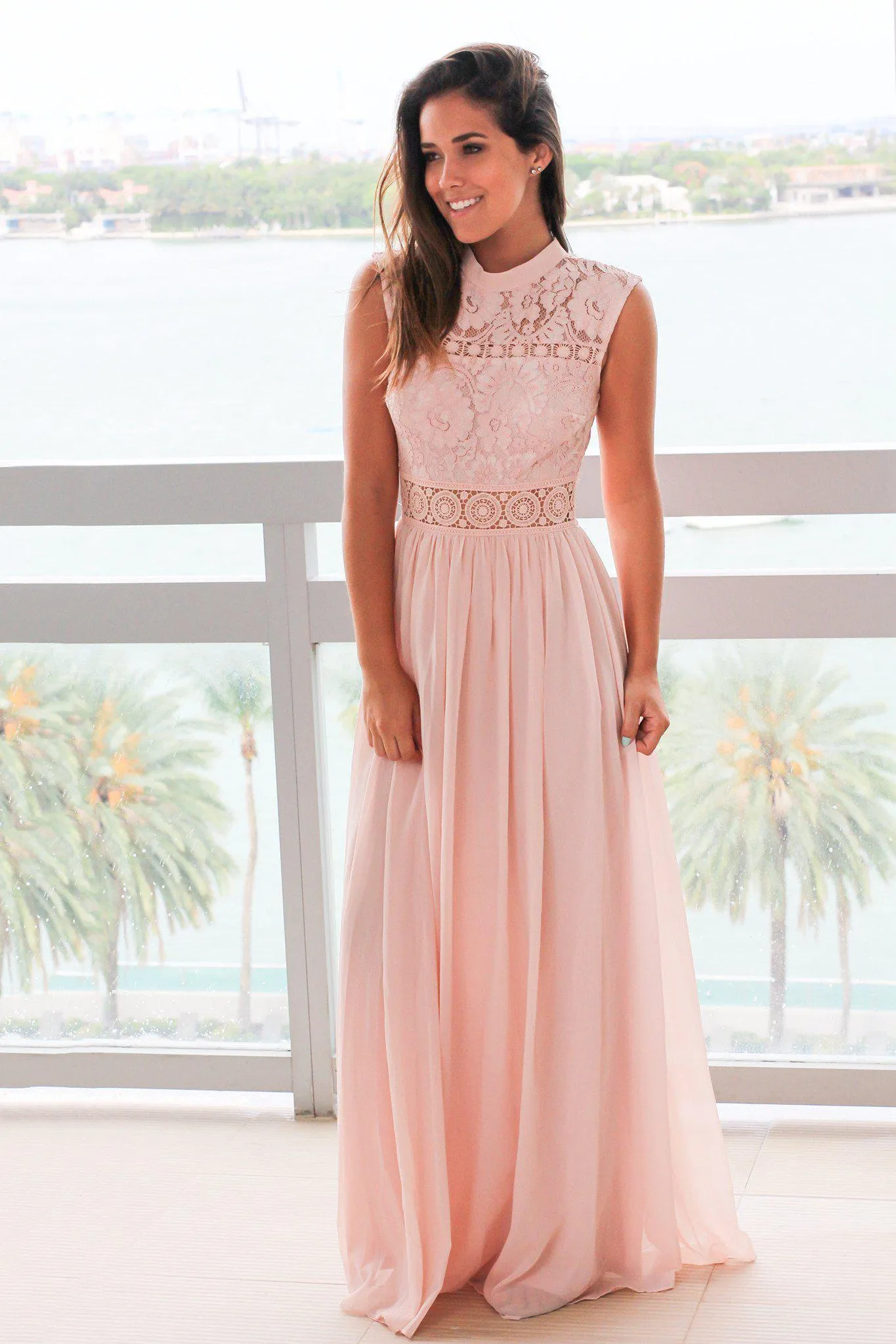 Blush Lace Mock Neck Maxi Dress