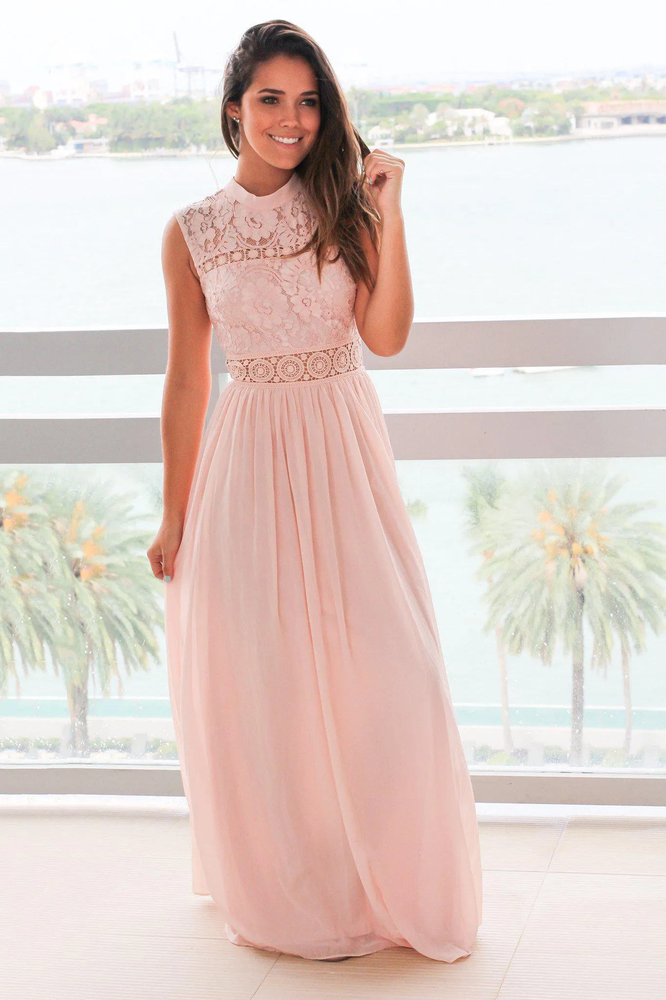 Blush Lace Mock Neck Maxi Dress