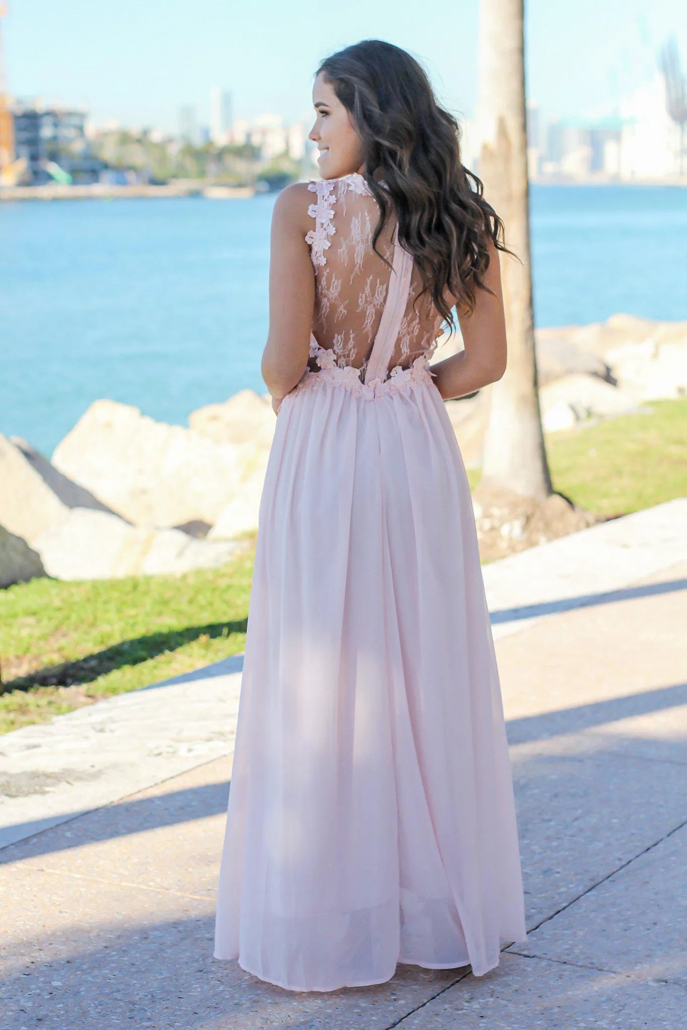 Blush Lace Top Maxi Dress with Tulle Back