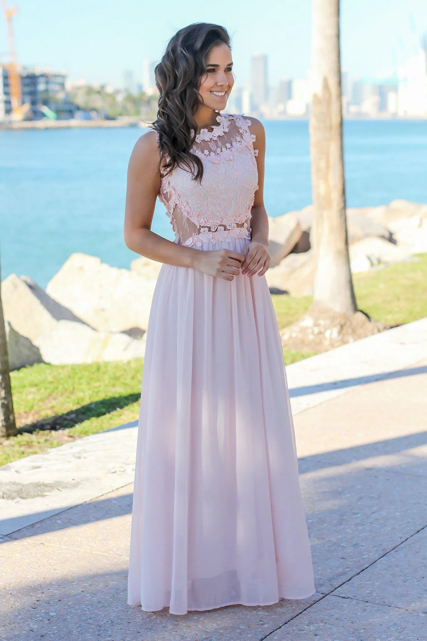 Blush Lace Top Maxi Dress with Tulle Back