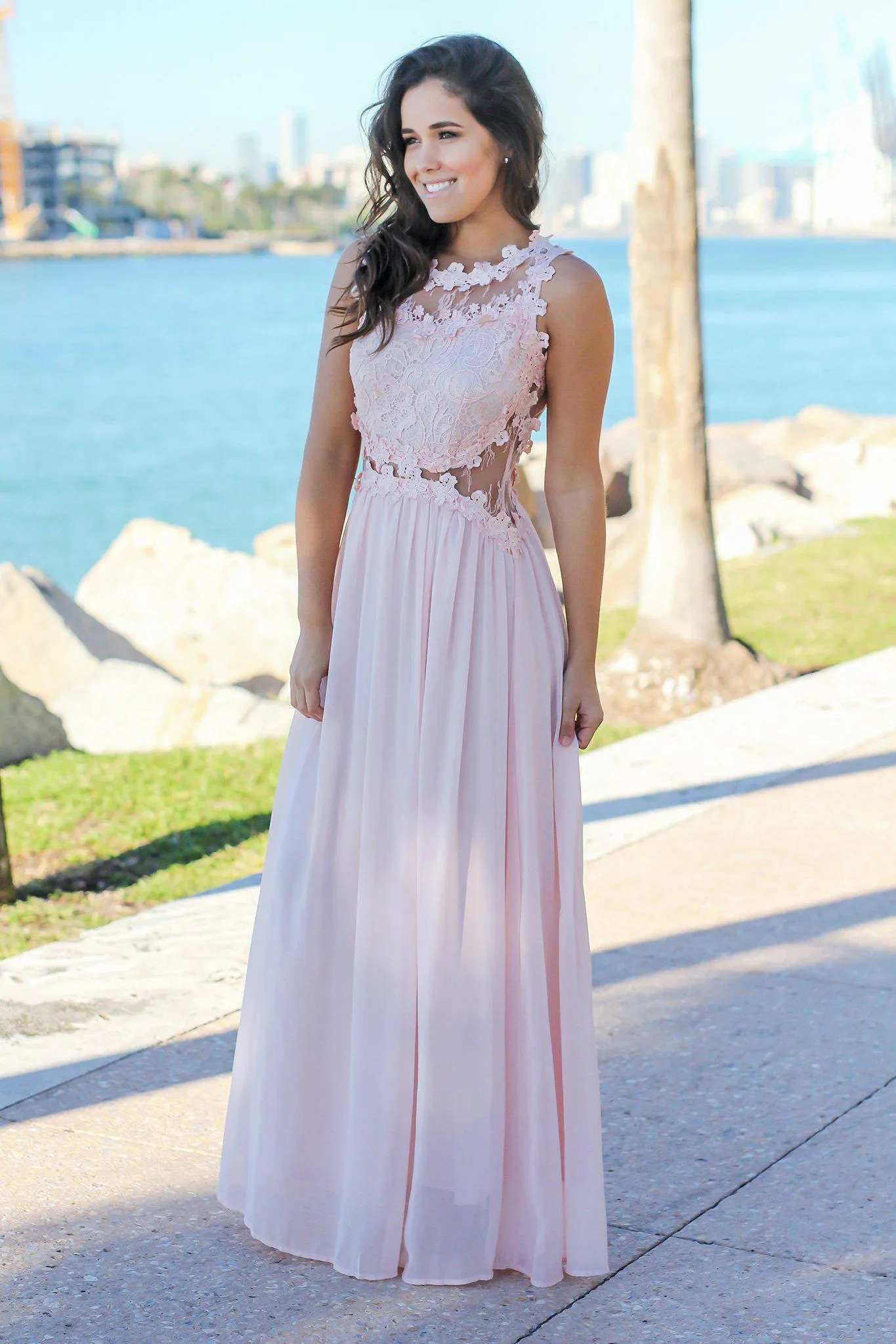 Blush Lace Top Maxi Dress with Tulle Back