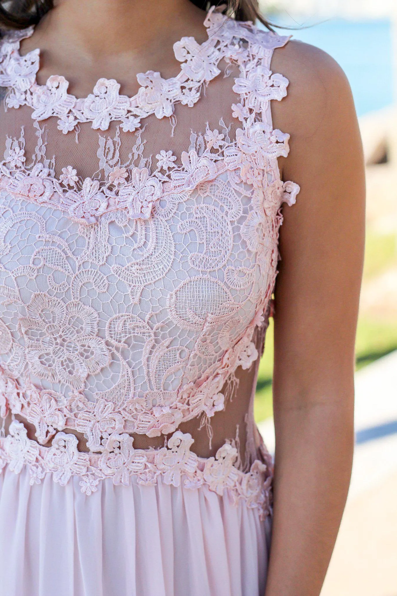 Blush Lace Top Maxi Dress with Tulle Back