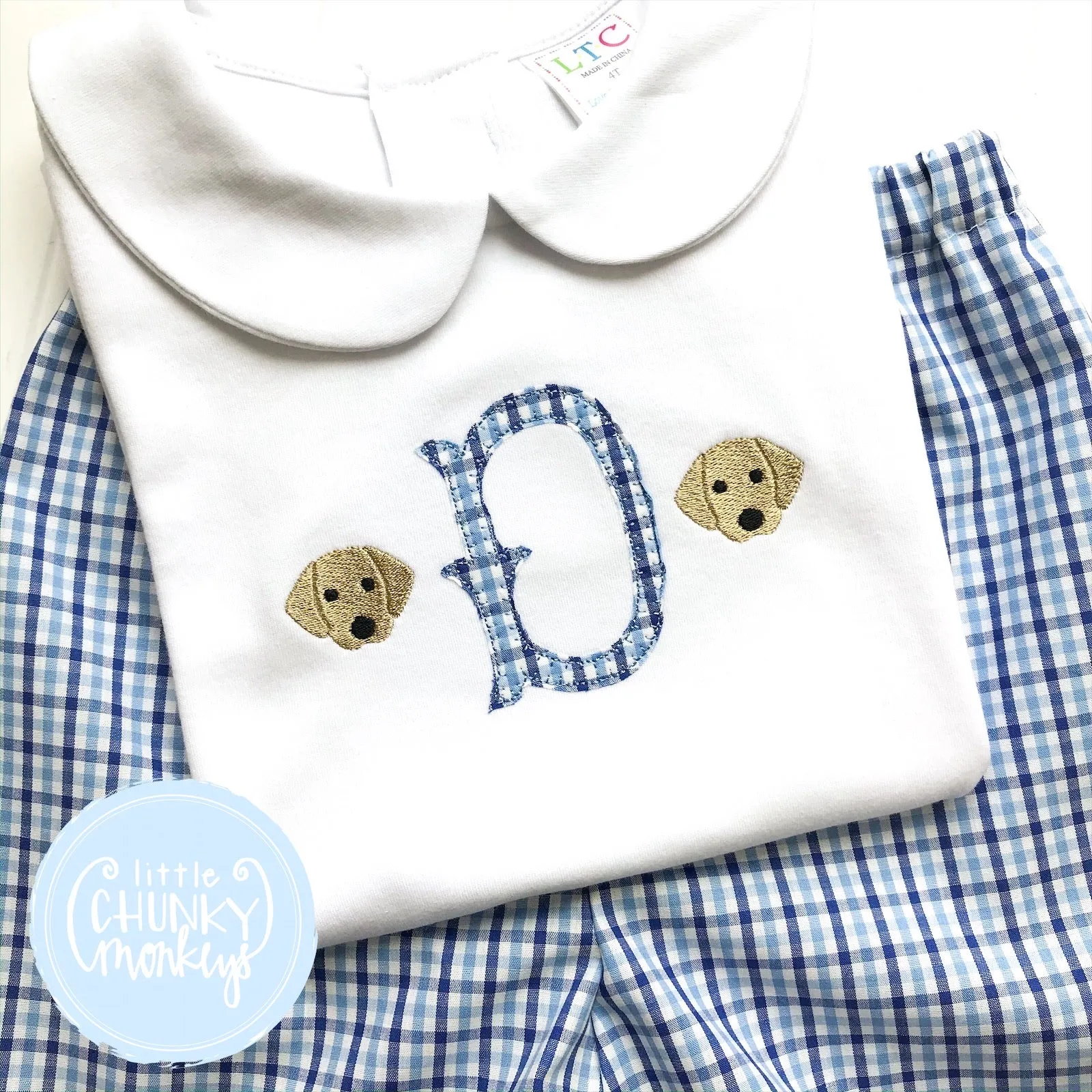 Boy Peter Pan Collar Shirt - Boy Shirt - Applique Initial with Mini Dog