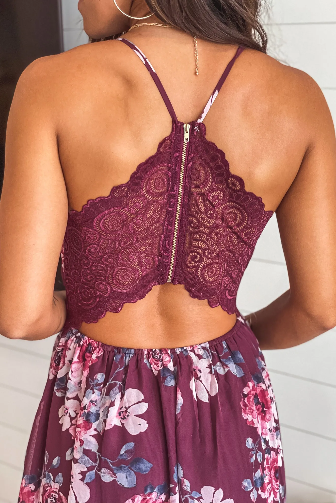 Burgundy Floral Maxi Dress With Lace Back