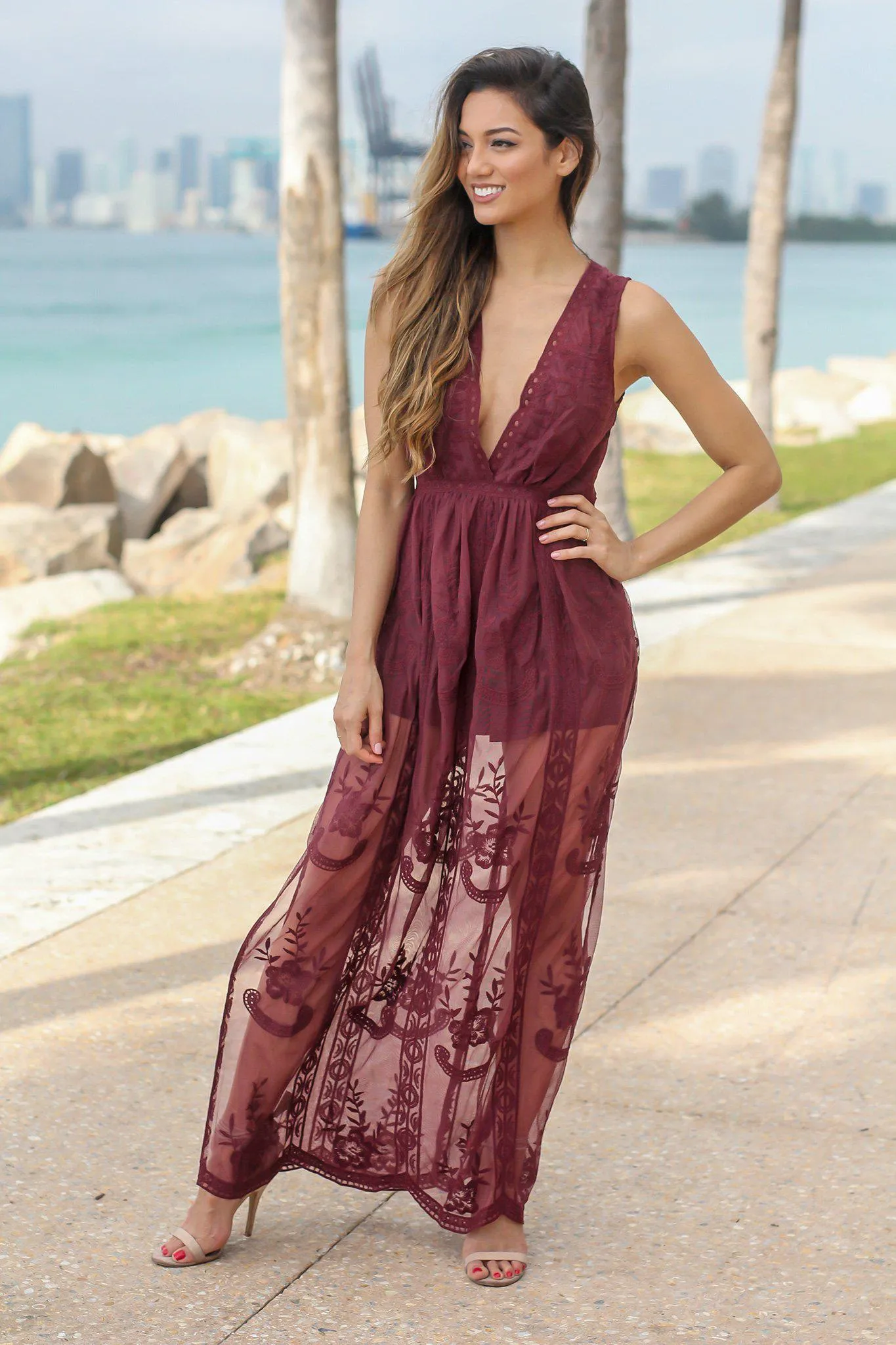 Burgundy Lace Sleeveless Maxi Romper