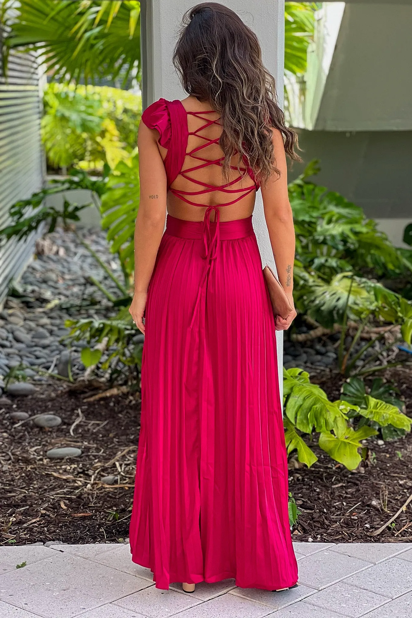 Burgundy Pleated Lace Up Back Maxi Dress