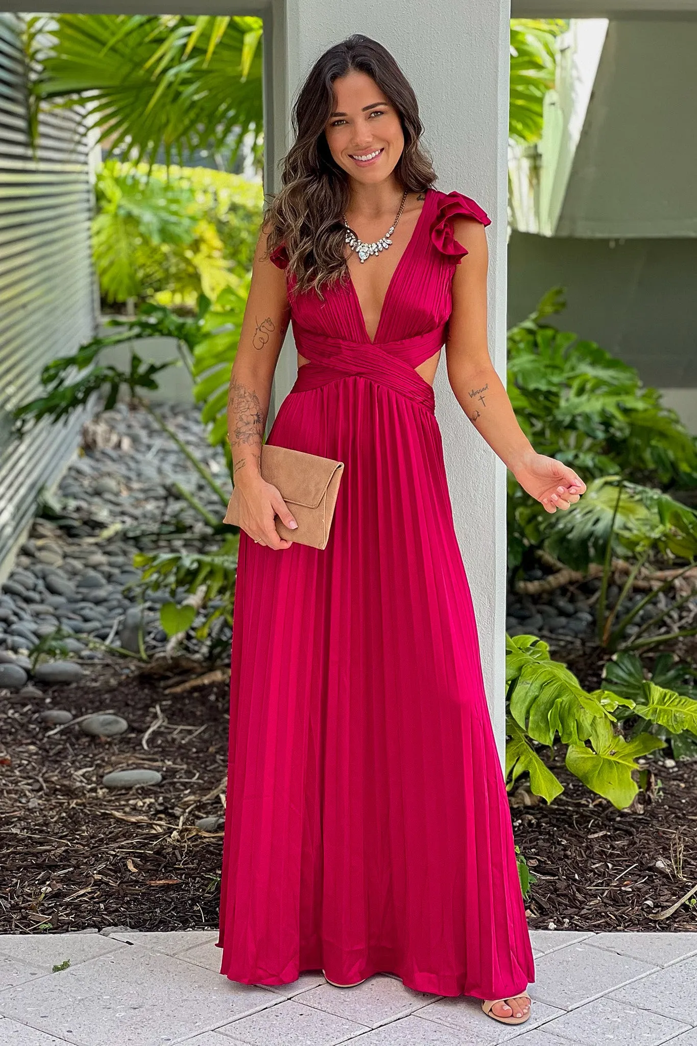 Burgundy Pleated Lace Up Back Maxi Dress