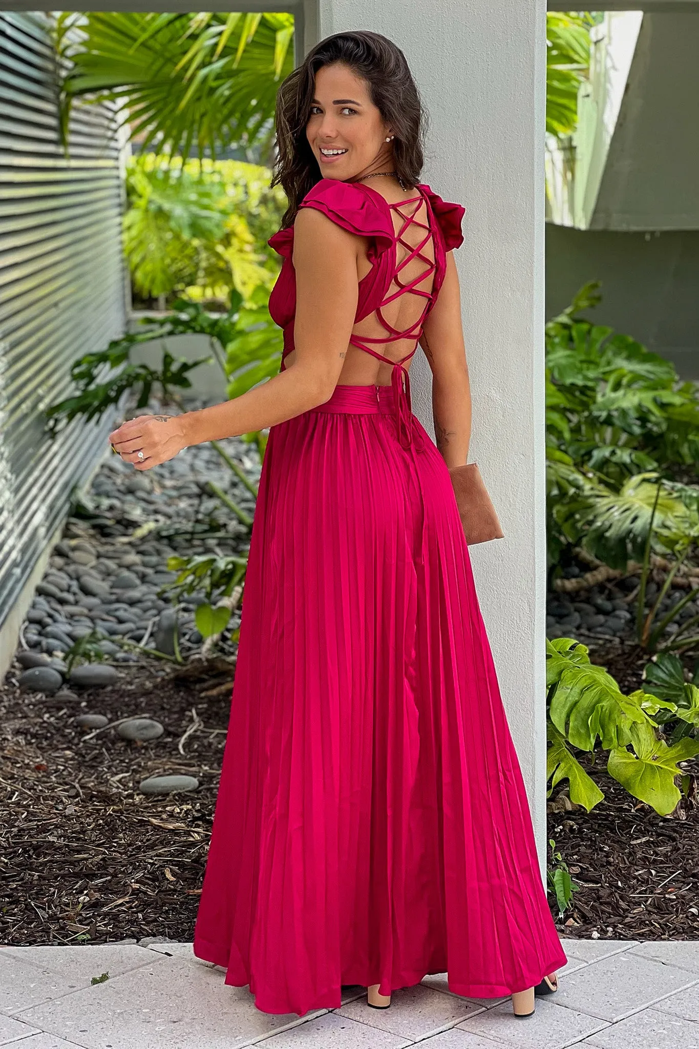 Burgundy Pleated Lace Up Back Maxi Dress