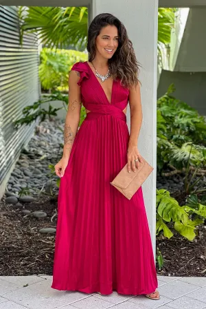 Burgundy Pleated Lace Up Back Maxi Dress