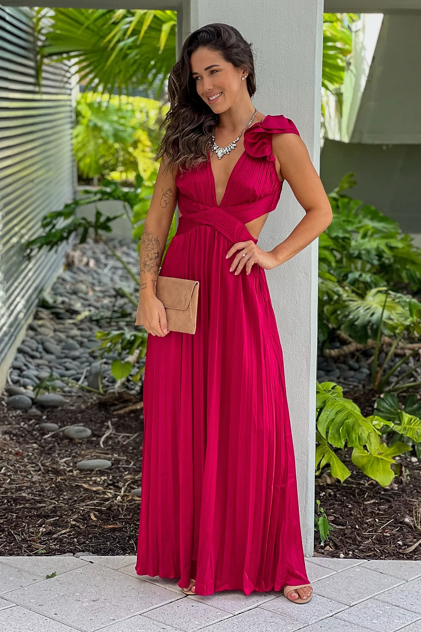 Burgundy Pleated Lace Up Back Maxi Dress