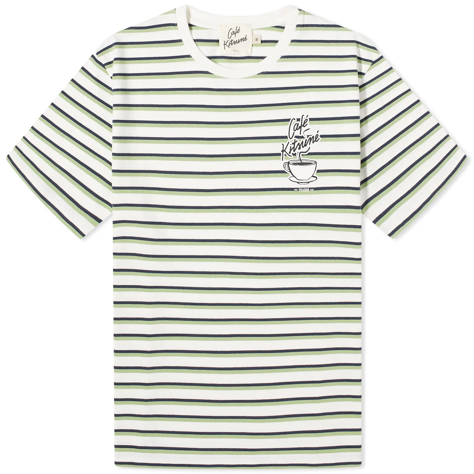 Cafe Kitsune Coffee Cup Printed Striped Regular T-Shirt, Navy, White & Fox Stripes