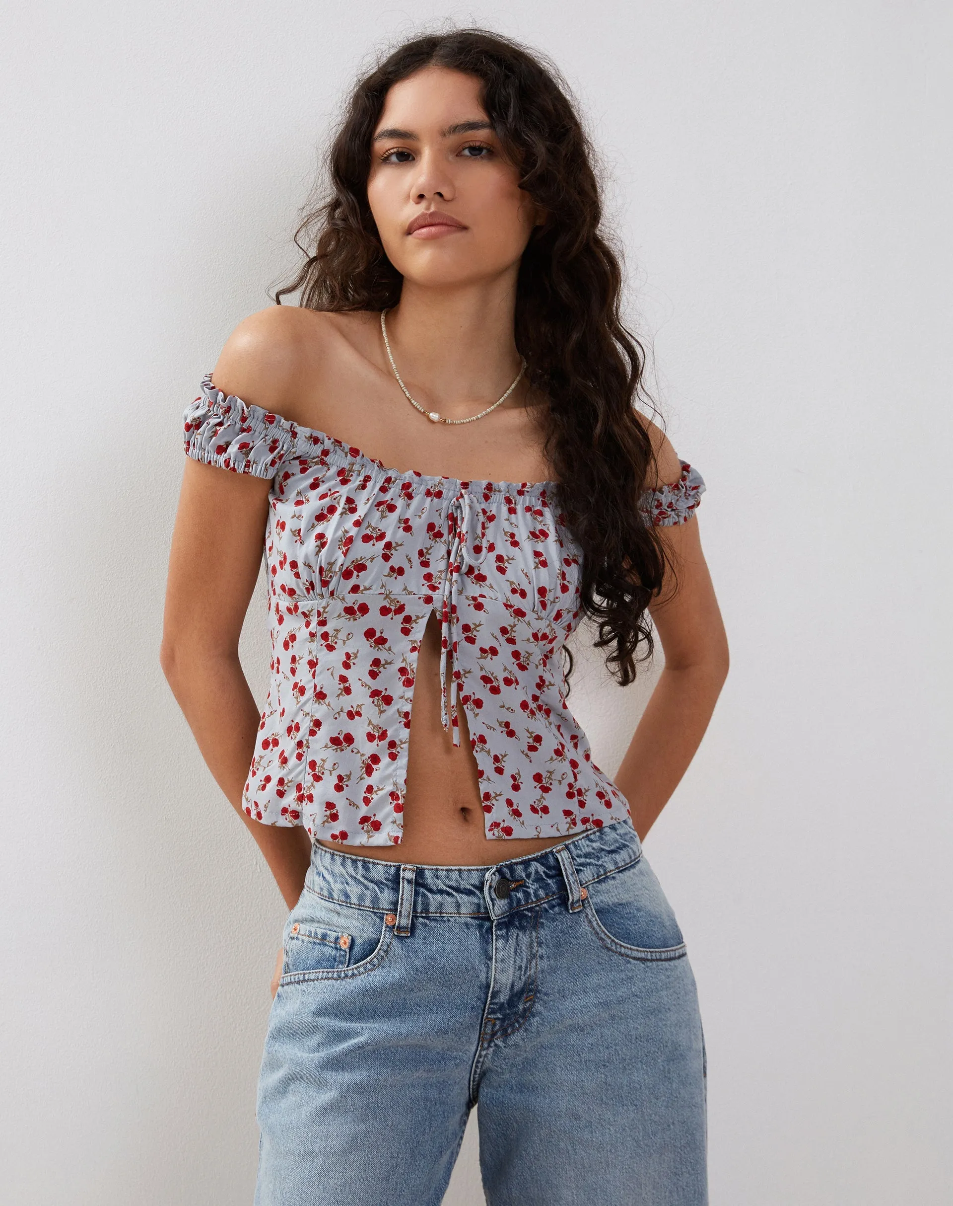 Citra Bardot Frill Top in Blue Floral Ditsy