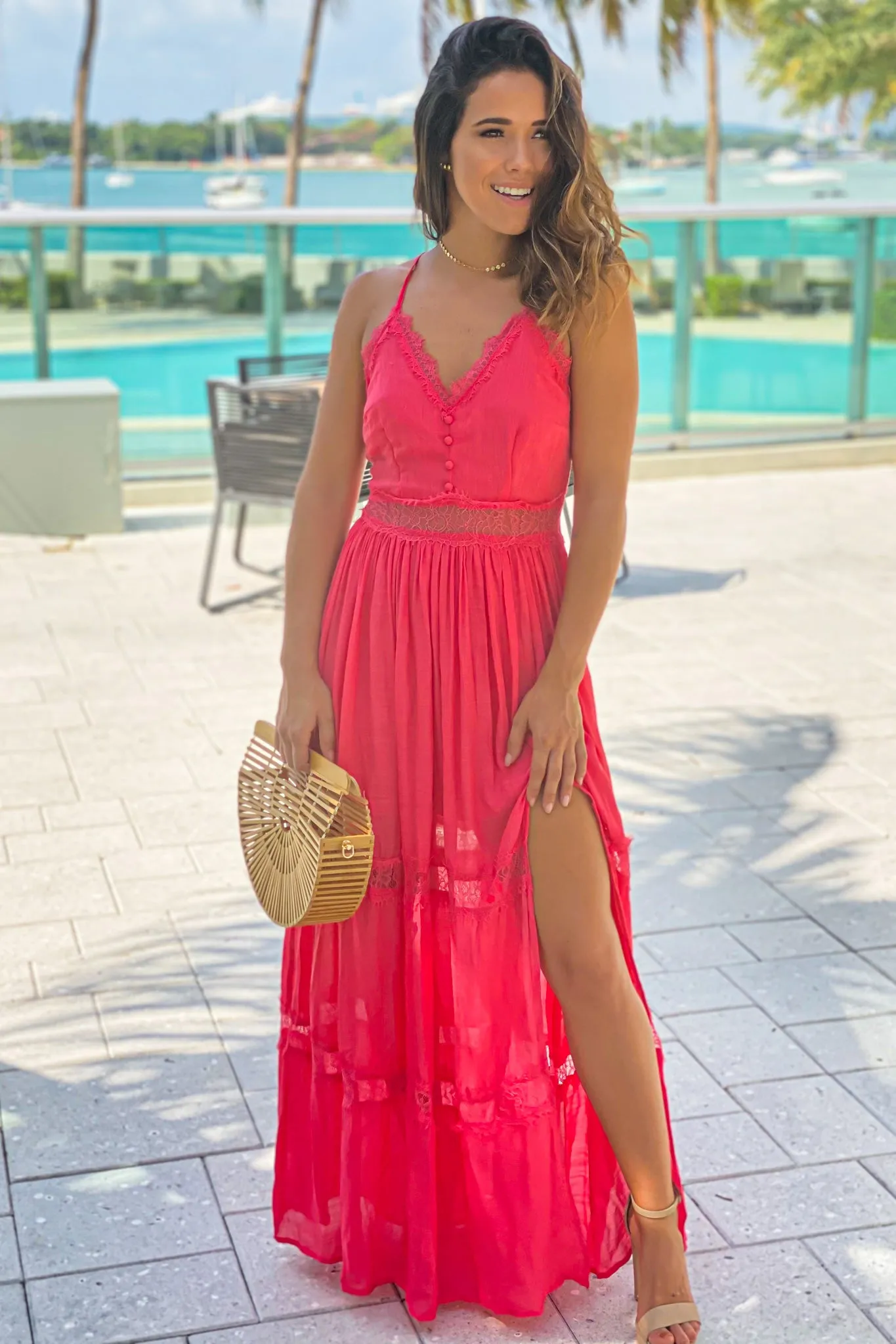 Coral Maxi Dress With Lace Trim And Slit