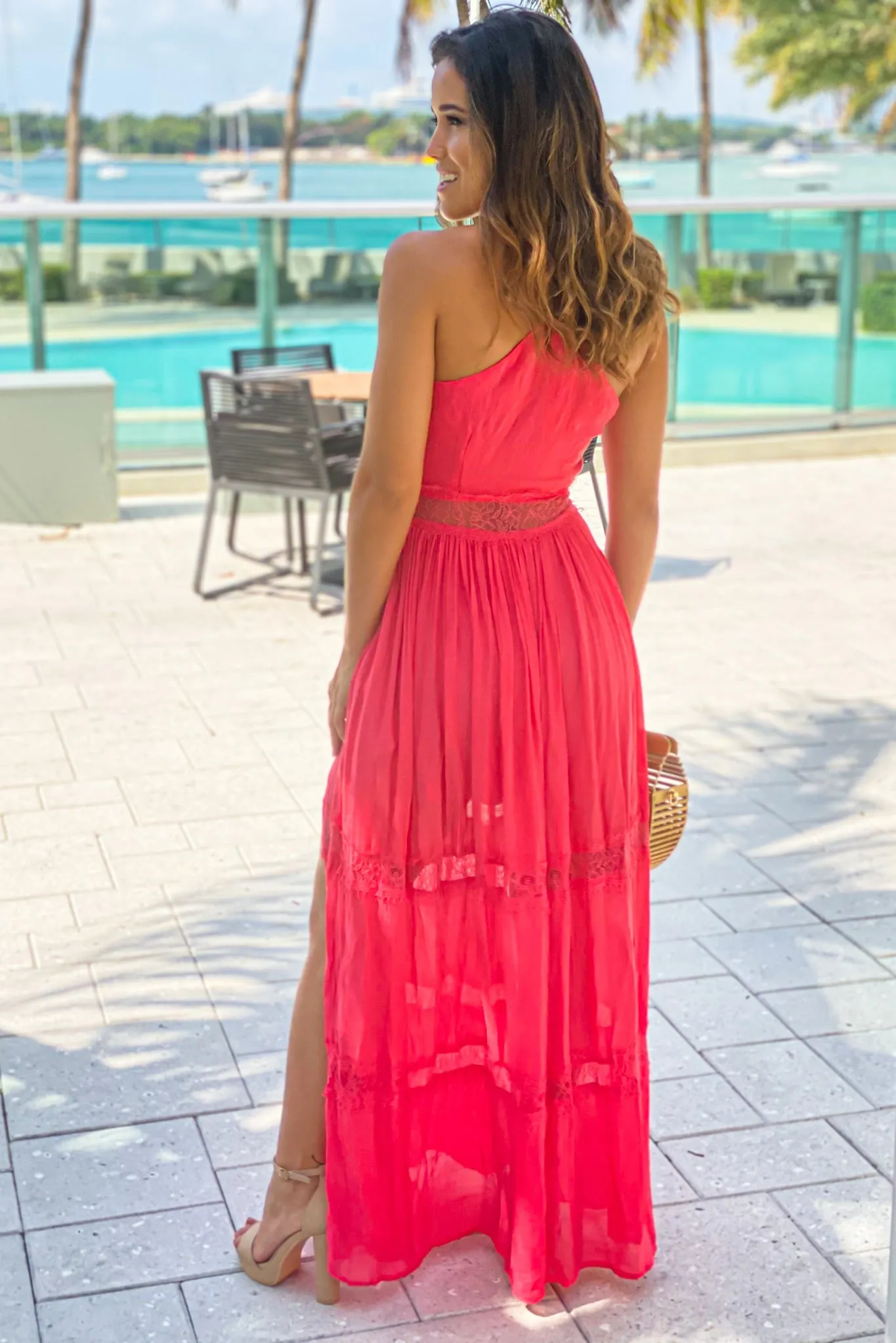 Coral Maxi Dress With Lace Trim And Slit