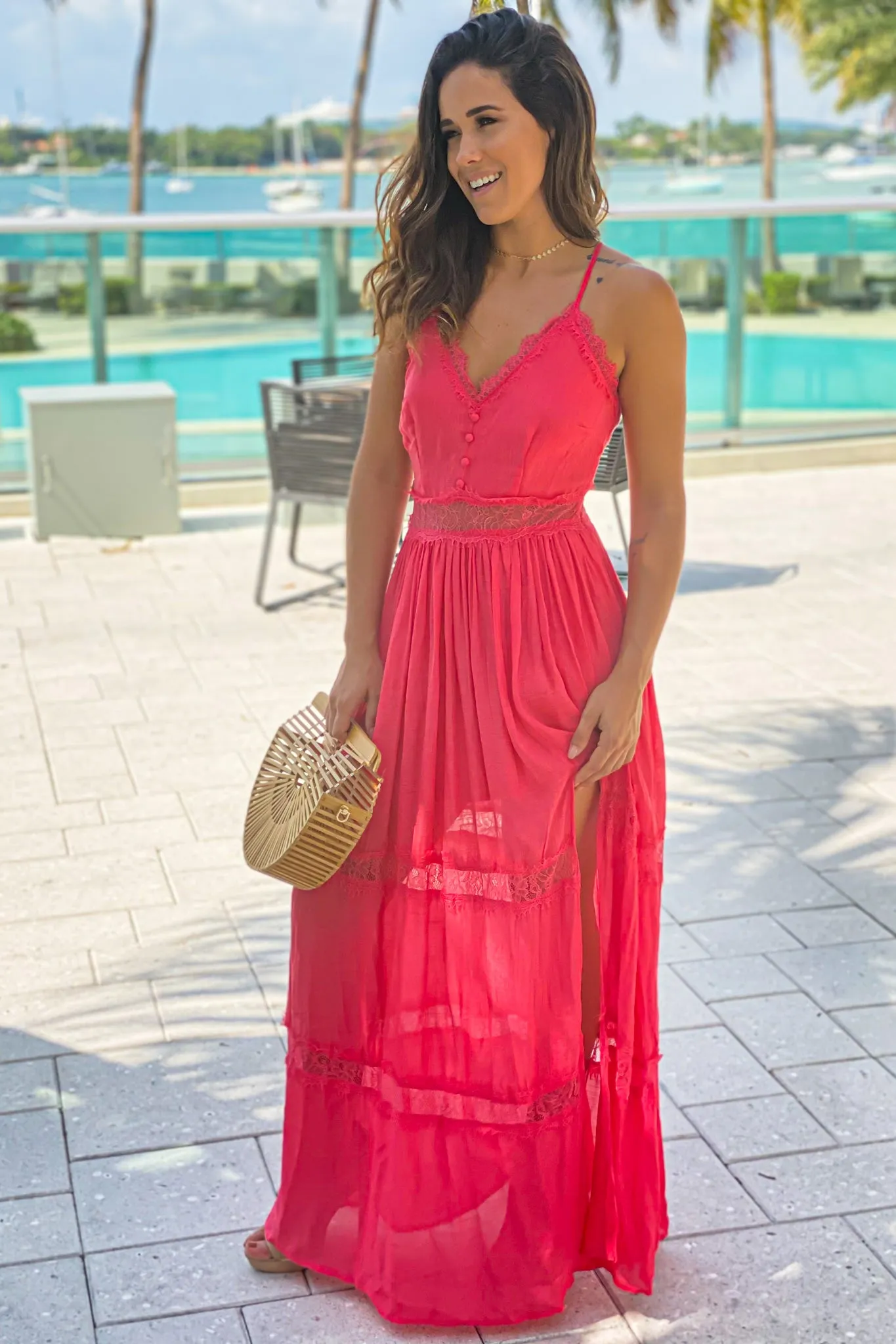 Coral Maxi Dress With Lace Trim And Slit