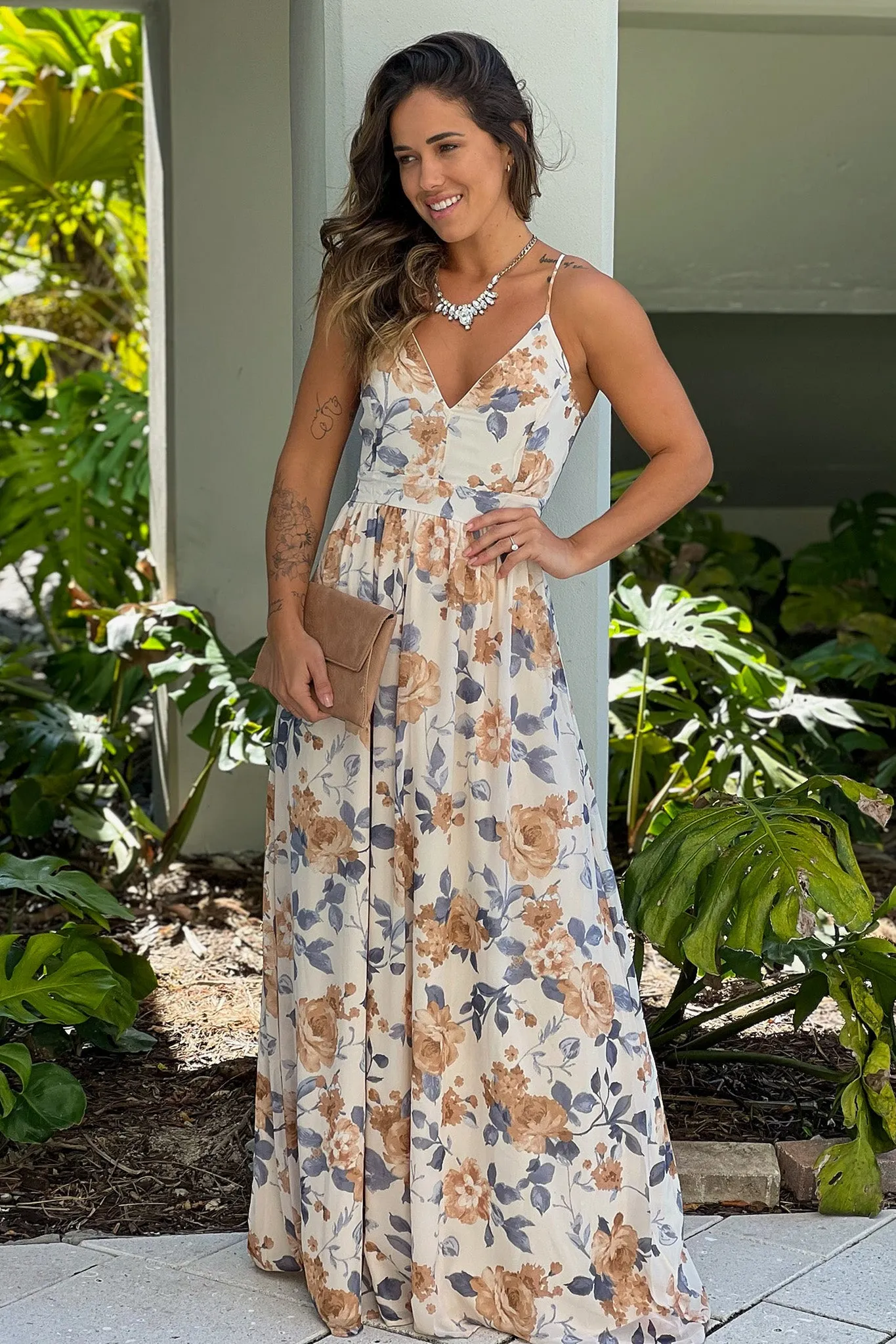 Cream And Blue Floral Maxi Dress With Lace Back