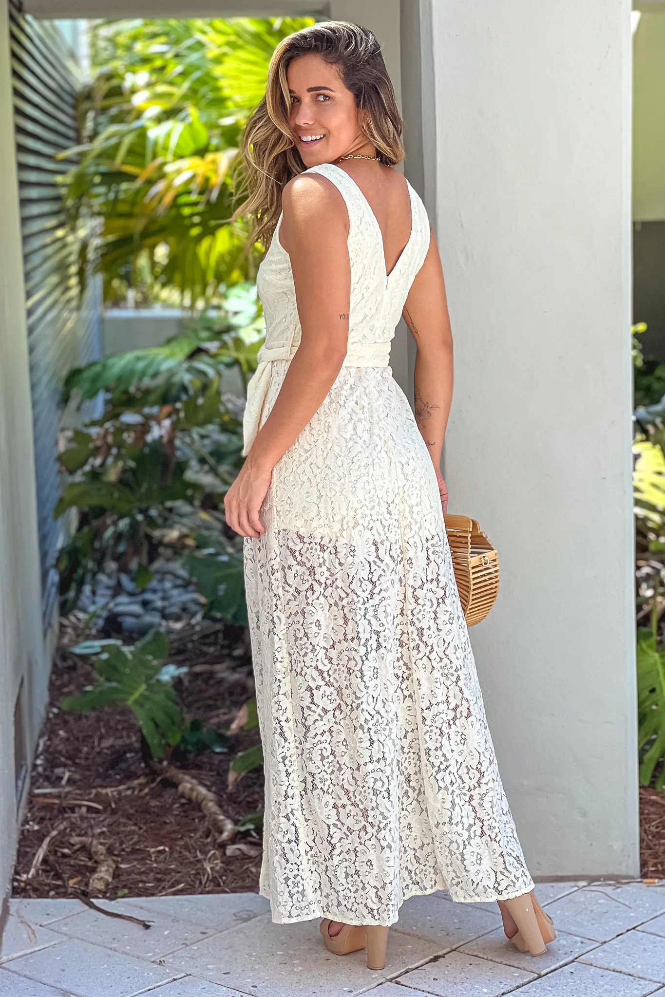 Cream Lace Maxi Romper With Belt