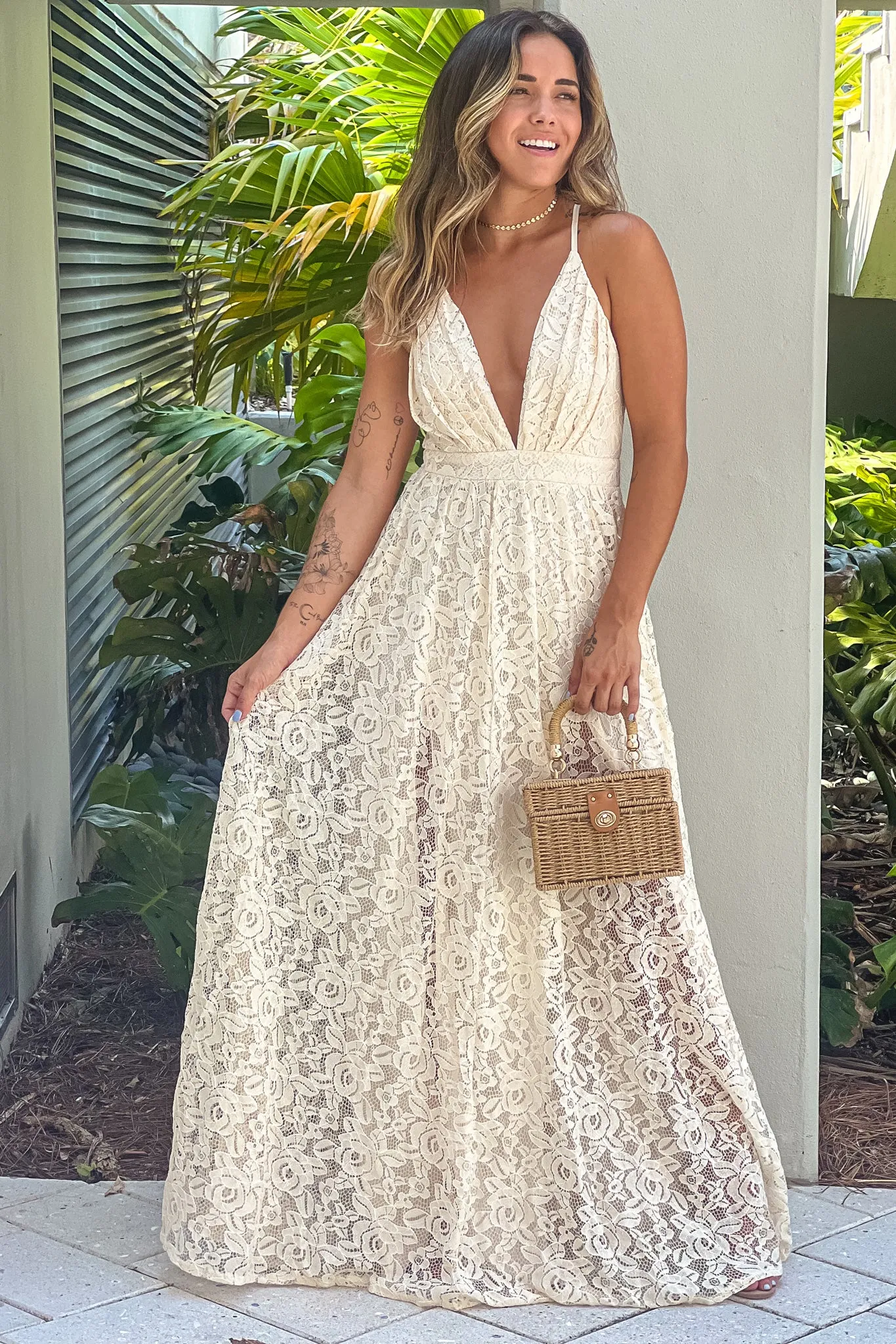 Cream Lace V-Neck Maxi Dress