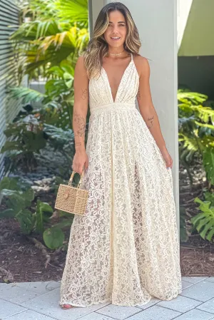 Cream Lace V-Neck Maxi Dress