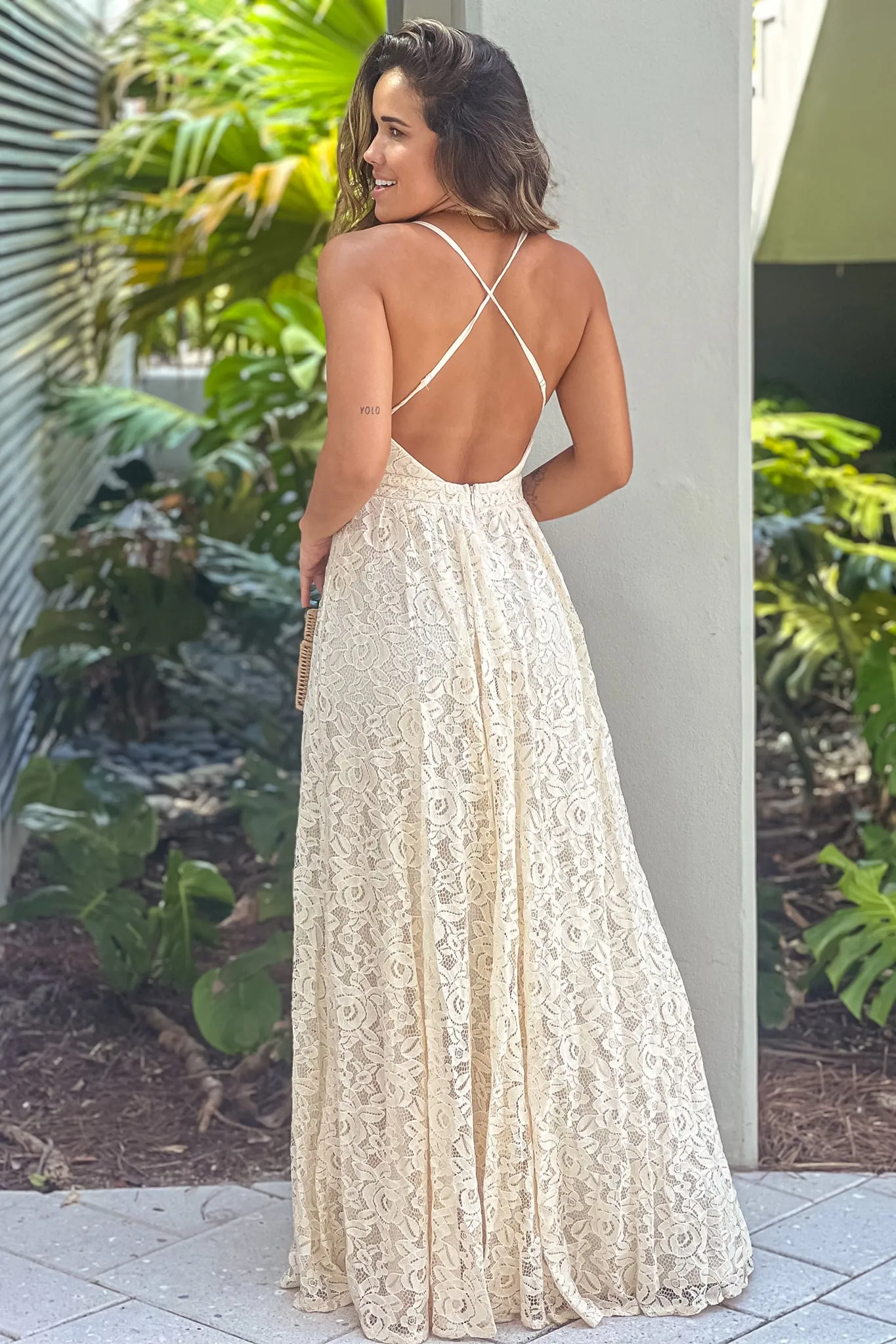 Cream Lace V-Neck Maxi Dress