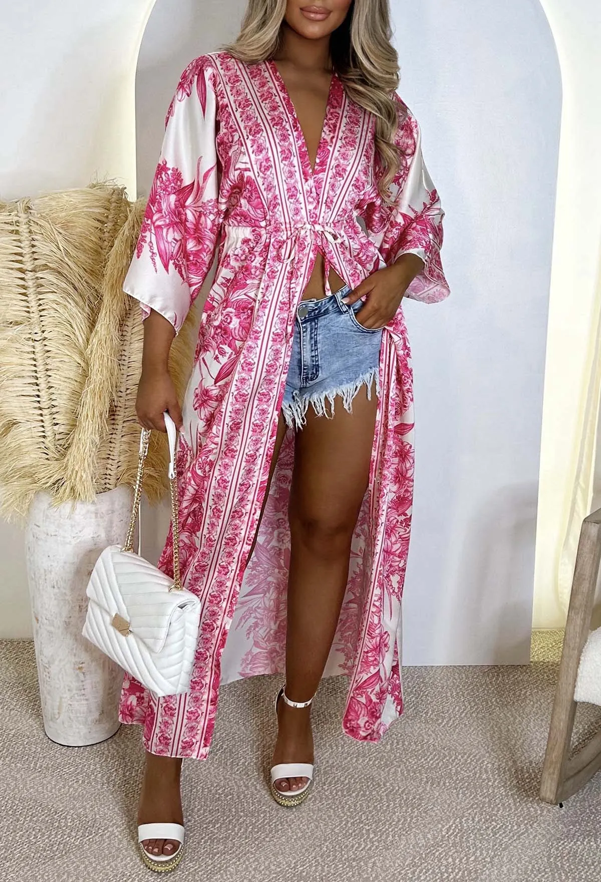 Devoted To Me Pink Floral Print Maxi Kimono